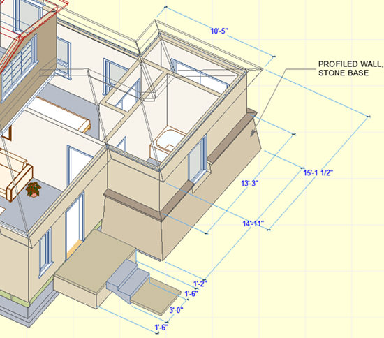 ArchiCAD, 3D document with see-through roofs and dimensions