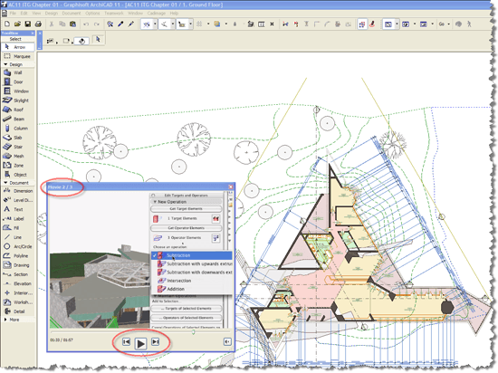ArchiCAD - Movie Player window is entitled "Movie 2/3"